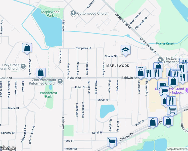 map of restaurants, bars, coffee shops, grocery stores, and more near 961 Baldwin Street in Georgetown Township