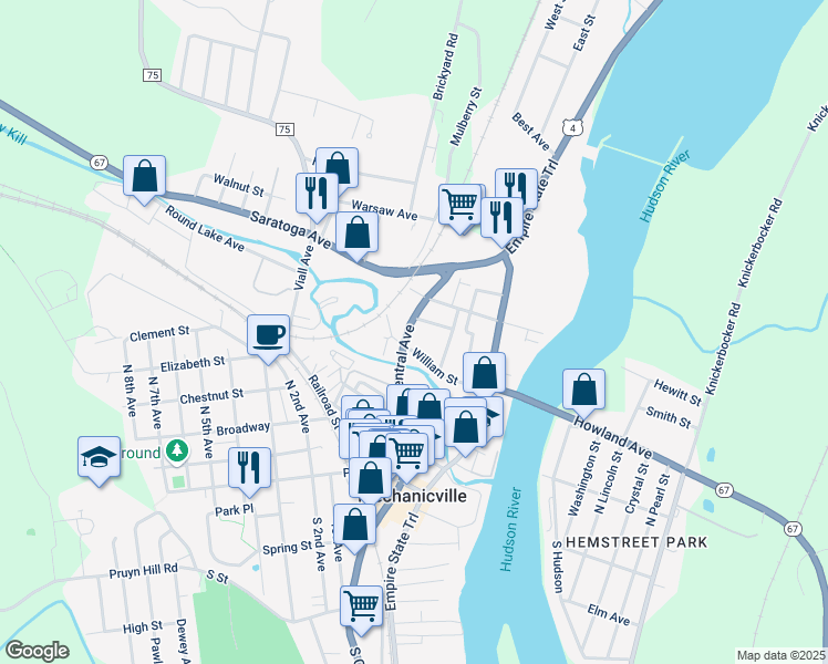 map of restaurants, bars, coffee shops, grocery stores, and more near 126 North Central Avenue in Mechanicville