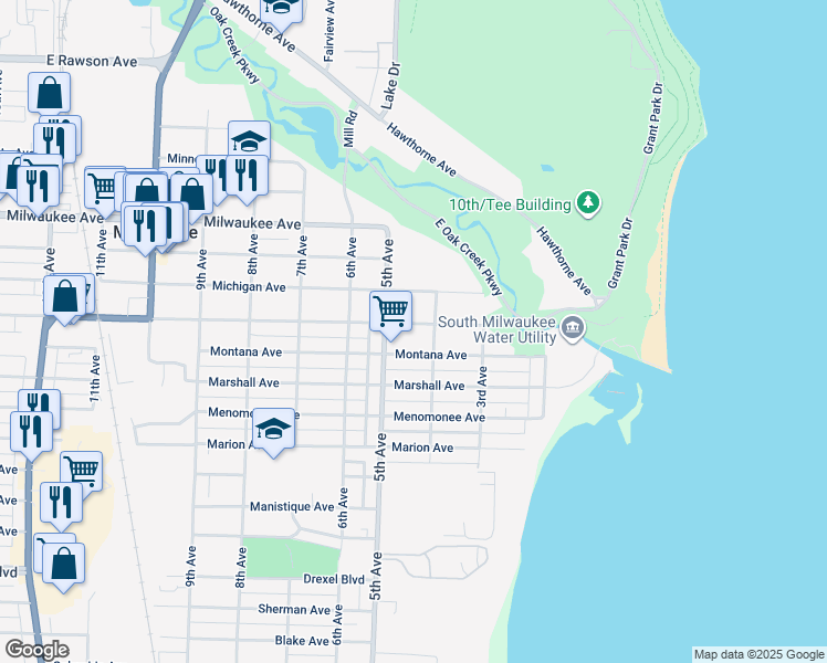 map of restaurants, bars, coffee shops, grocery stores, and more near 411 Marquette Avenue in South Milwaukee