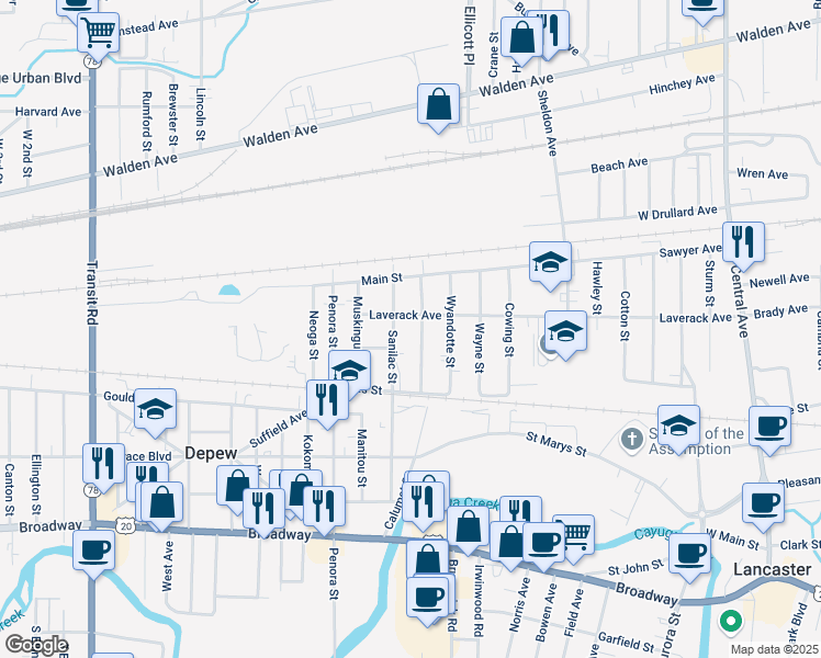 map of restaurants, bars, coffee shops, grocery stores, and more near 84 Main Street in Depew