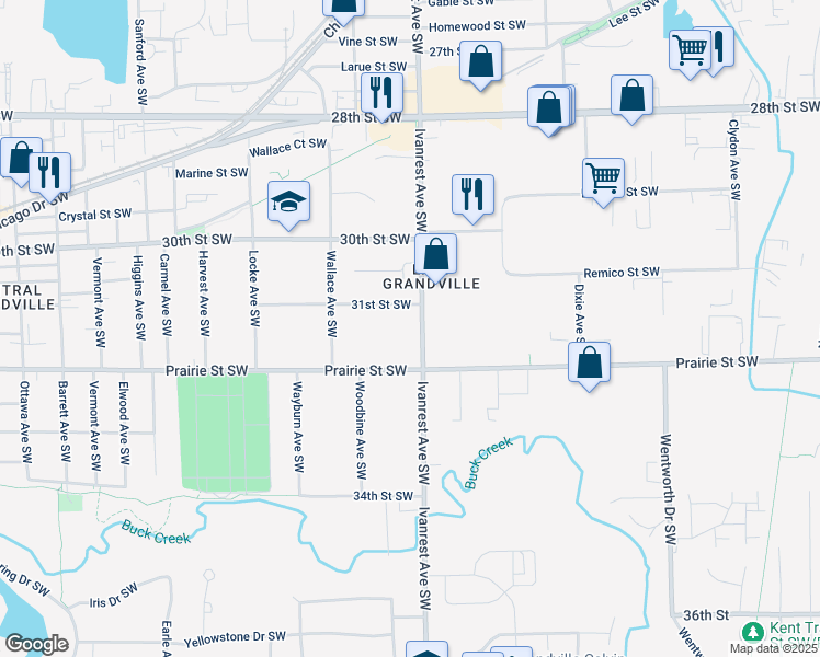 map of restaurants, bars, coffee shops, grocery stores, and more near 3135 Ivanrest Ave SW in Grandville