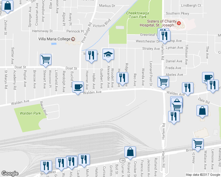 map of restaurants, bars, coffee shops, grocery stores, and more near 1192 Walden Avenue in Buffalo