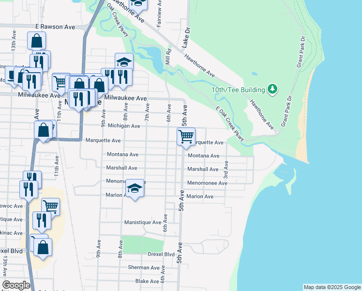 map of restaurants, bars, coffee shops, grocery stores, and more near 2402 5th Avenue in South Milwaukee