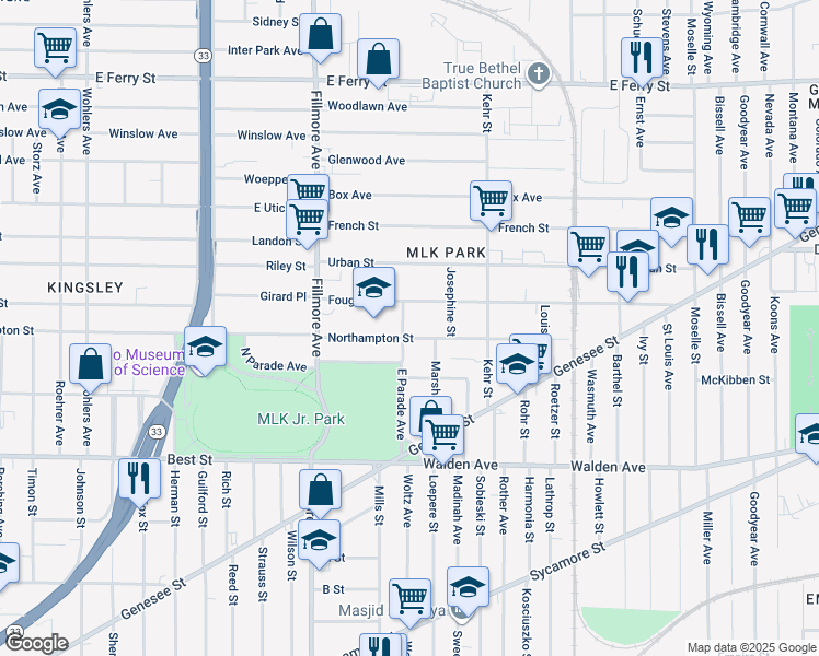 map of restaurants, bars, coffee shops, grocery stores, and more near 145 East Parade Avenue in Buffalo