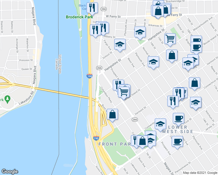 map of restaurants, bars, coffee shops, grocery stores, and more near 52 Massachusetts Avenue in Buffalo