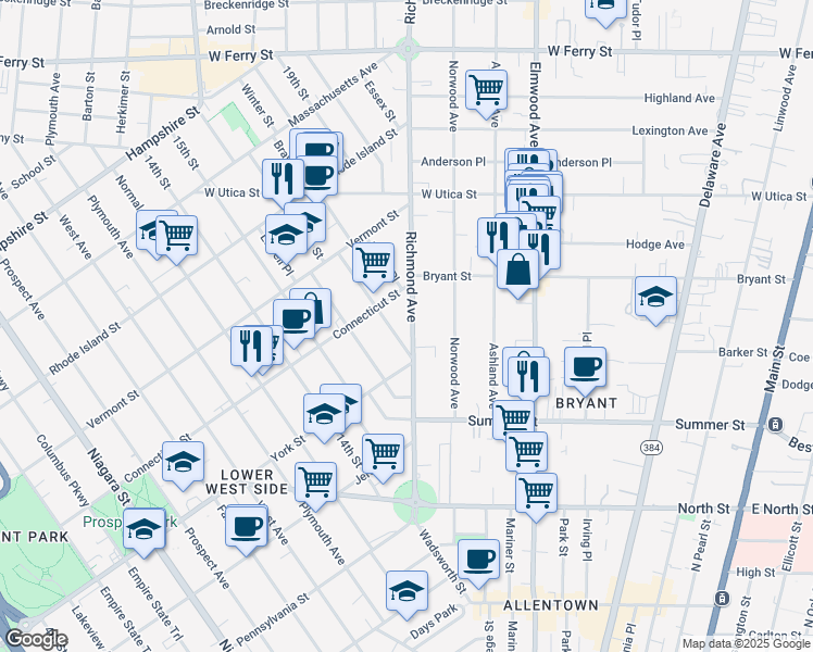 map of restaurants, bars, coffee shops, grocery stores, and more near 184 Richmond Avenue in Buffalo