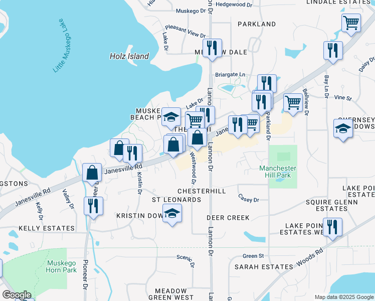 map of restaurants, bars, coffee shops, grocery stores, and more near S75W17363 Janesville Road in Muskego