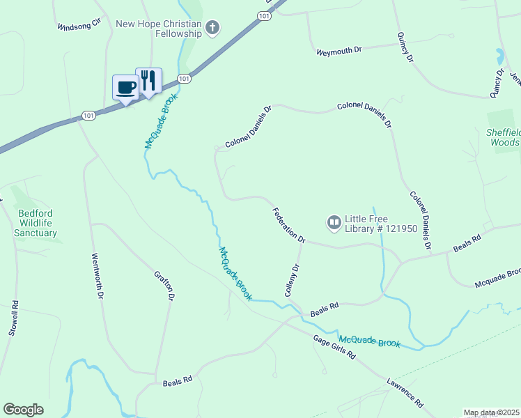 map of restaurants, bars, coffee shops, grocery stores, and more near 36 Federation Drive in Bedford