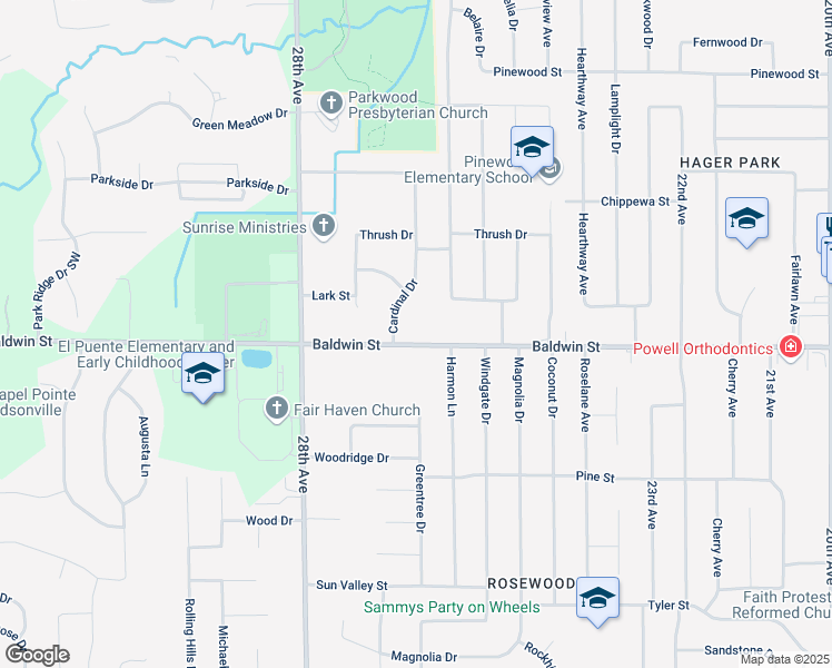map of restaurants, bars, coffee shops, grocery stores, and more near 2651 Baldwin Street in Georgetown Township