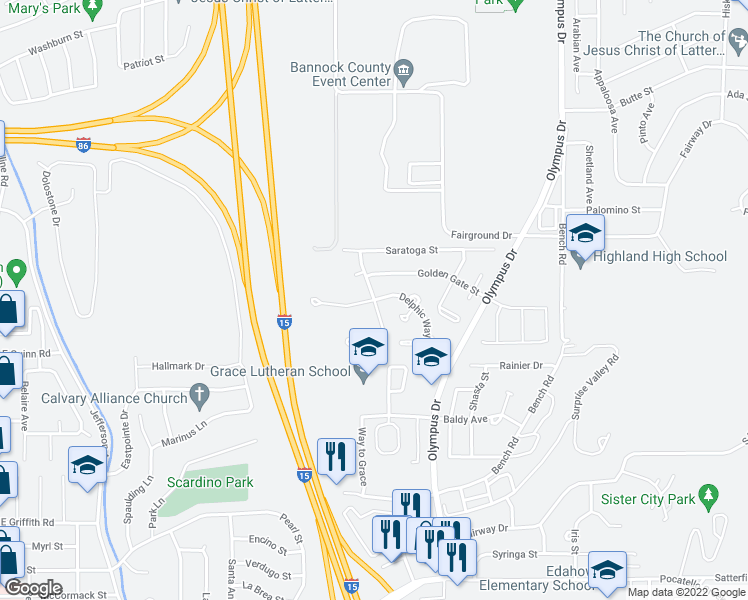 map of restaurants, bars, coffee shops, grocery stores, and more near 1783 Churchill Downs in Pocatello