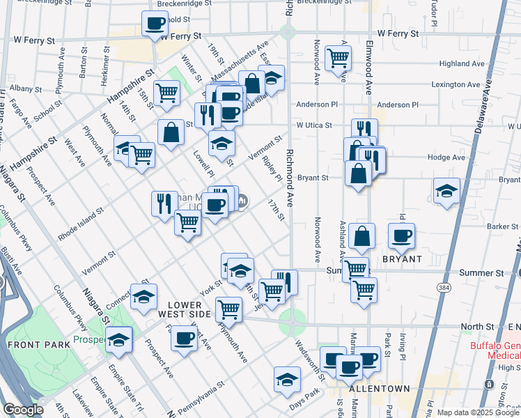 map of restaurants, bars, coffee shops, grocery stores, and more near 471 Connecticut Street in Buffalo