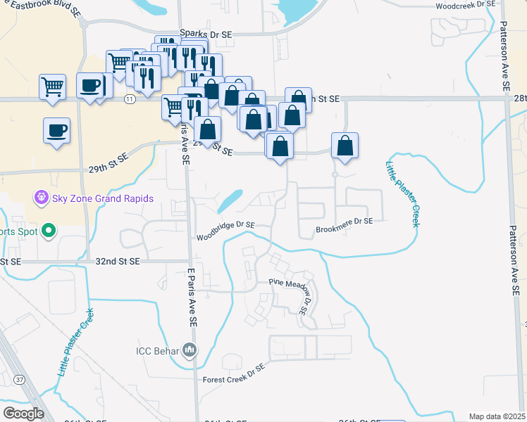 map of restaurants, bars, coffee shops, grocery stores, and more near 3027 Poplar Creek Drive Southeast in Kentwood