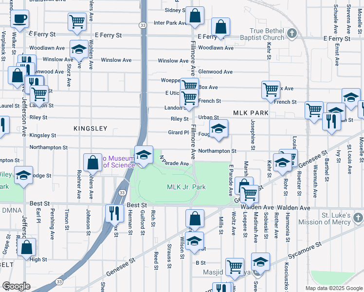 map of restaurants, bars, coffee shops, grocery stores, and more near 722 Northampton Street in Buffalo