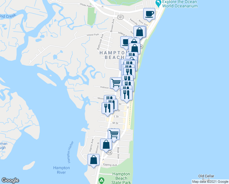 map of restaurants, bars, coffee shops, grocery stores, and more near 98 Ashworth Avenue in Hampton