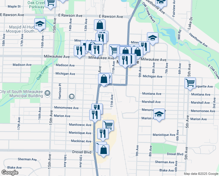 map of restaurants, bars, coffee shops, grocery stores, and more near 1105 Marquette Avenue in South Milwaukee