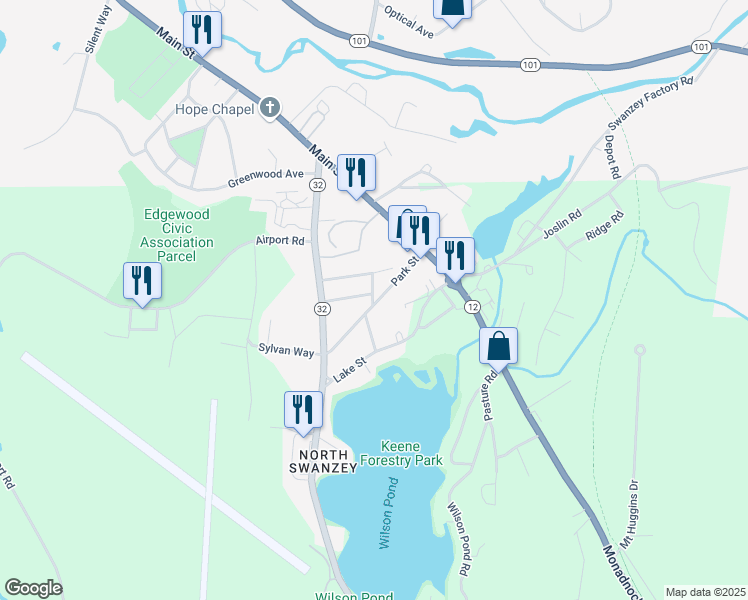 map of restaurants, bars, coffee shops, grocery stores, and more near 34 Park Street in Keene