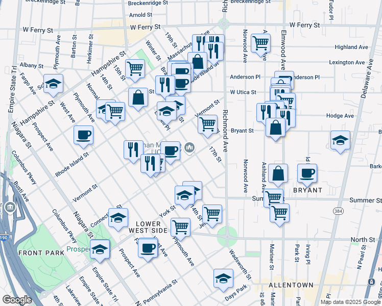 map of restaurants, bars, coffee shops, grocery stores, and more near 454 Connecticut Street in Buffalo