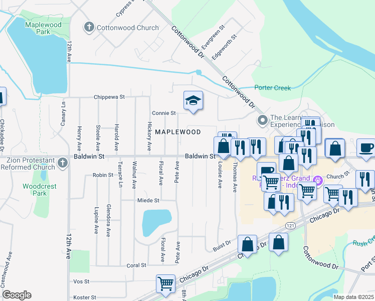 map of restaurants, bars, coffee shops, grocery stores, and more near 795 Baldwin Street in Georgetown Township