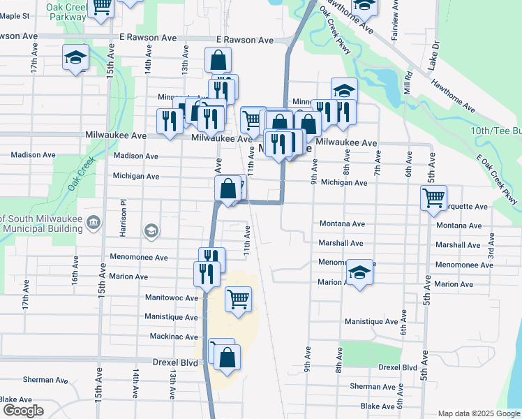 map of restaurants, bars, coffee shops, grocery stores, and more near 1015 Marquette Avenue in South Milwaukee