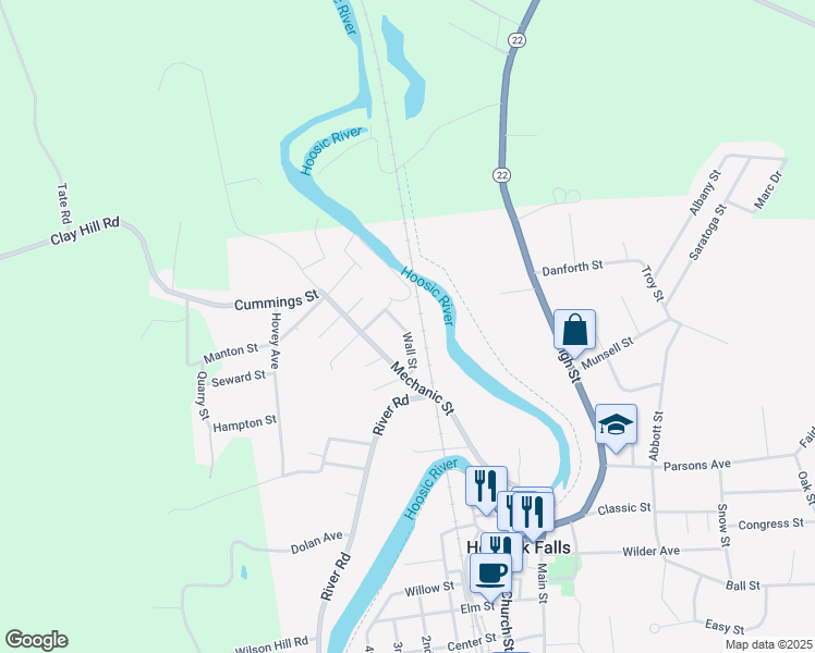 map of restaurants, bars, coffee shops, grocery stores, and more near 21 Wall Street in Hoosick Falls