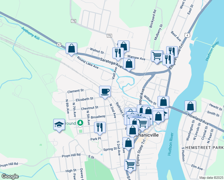 map of restaurants, bars, coffee shops, grocery stores, and more near 12 Viall Avenue in Mechanicville