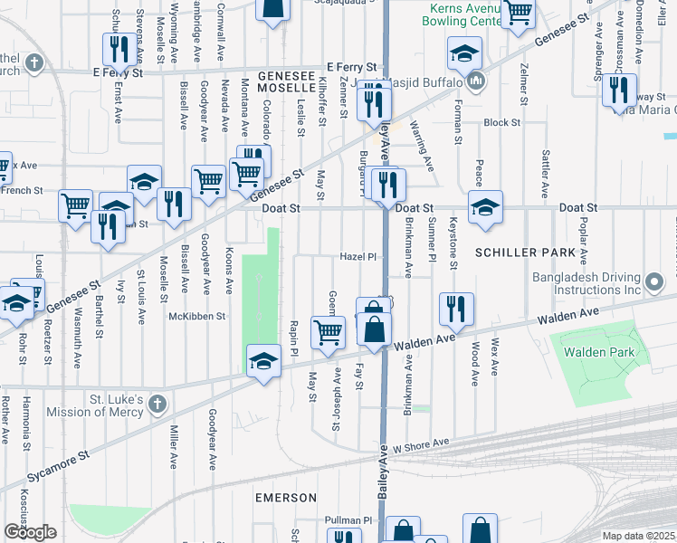 map of restaurants, bars, coffee shops, grocery stores, and more near 107 Goembel Avenue in Buffalo