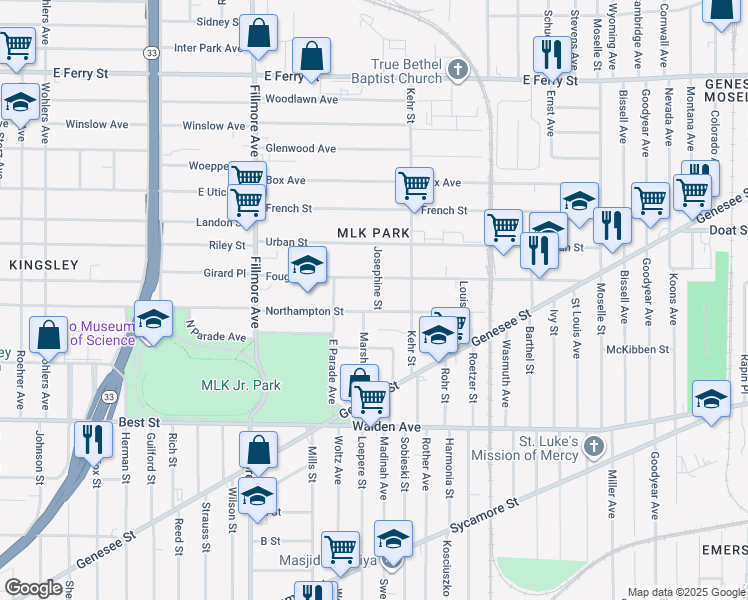 map of restaurants, bars, coffee shops, grocery stores, and more near 10 Josephine Street in Buffalo