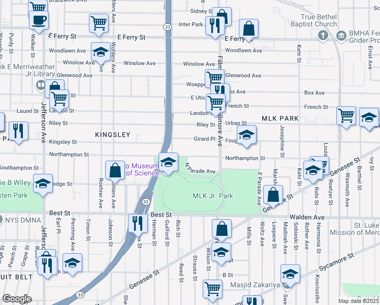 map of restaurants, bars, coffee shops, grocery stores, and more near 686 Northampton Street in Buffalo