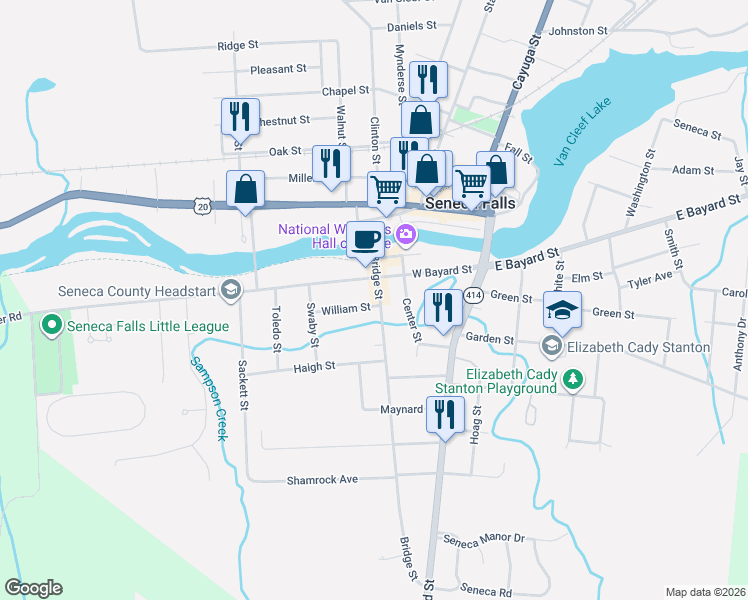 map of restaurants, bars, coffee shops, grocery stores, and more near 34 Bridge Street in Seneca Falls