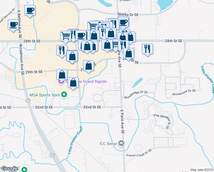 map of restaurants, bars, coffee shops, grocery stores, and more near 3831 Villa Montee Drive Southeast in Kentwood