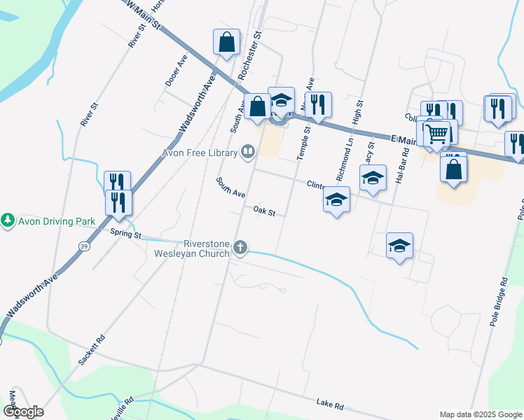 map of restaurants, bars, coffee shops, grocery stores, and more near 24 Oak Street in Avon