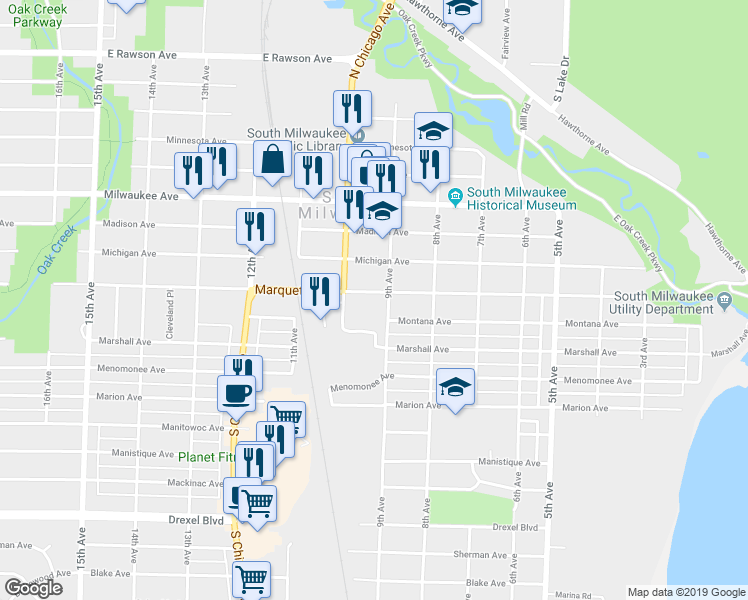 map of restaurants, bars, coffee shops, grocery stores, and more near 907 Marquette Avenue in South Milwaukee