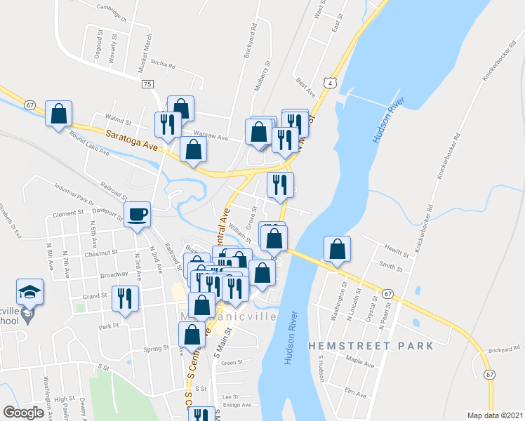 map of restaurants, bars, coffee shops, grocery stores, and more near 53 Greenwood Avenue in Mechanicville
