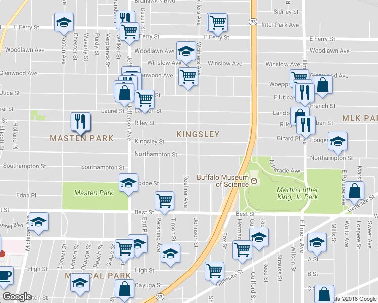 map of restaurants, bars, coffee shops, grocery stores, and more near 488 Northampton Street in Buffalo