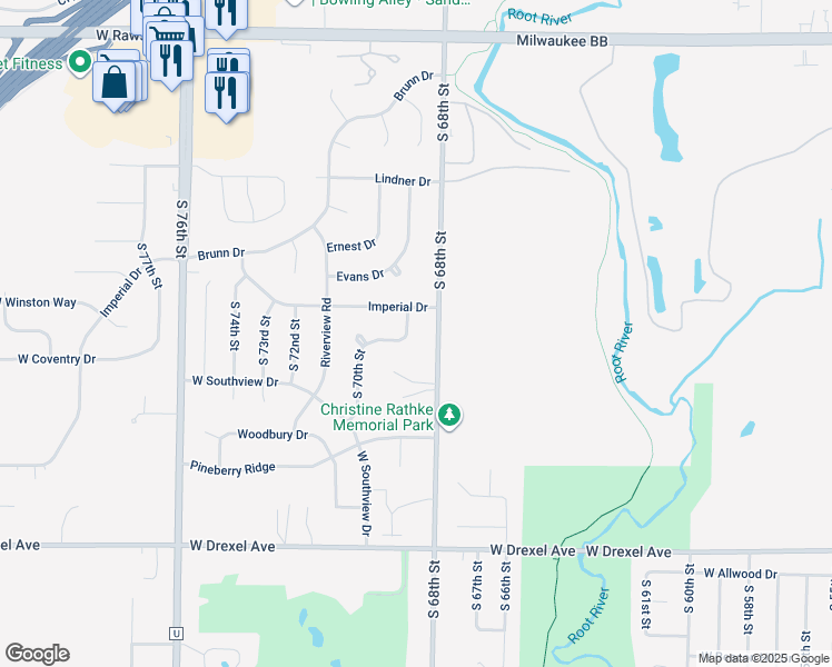 map of restaurants, bars, coffee shops, grocery stores, and more near 7534 South 69th Street in Franklin