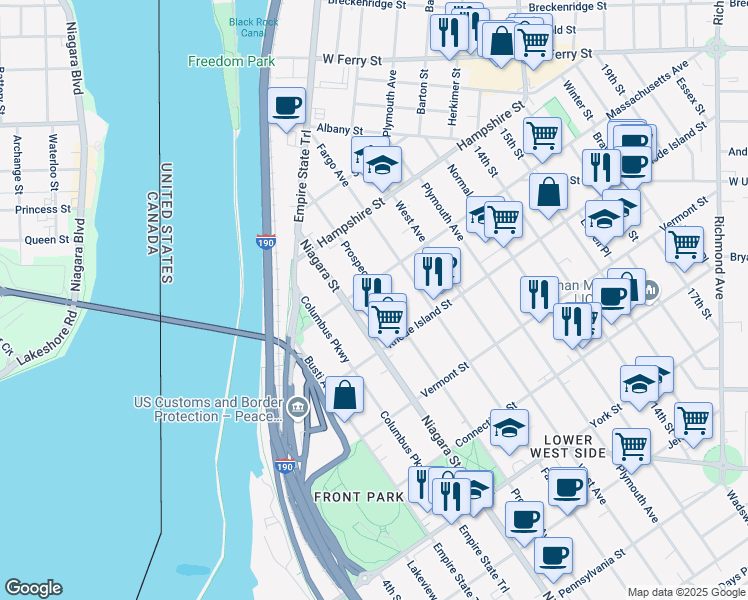 map of restaurants, bars, coffee shops, grocery stores, and more near 794 Prospect Avenue in Buffalo