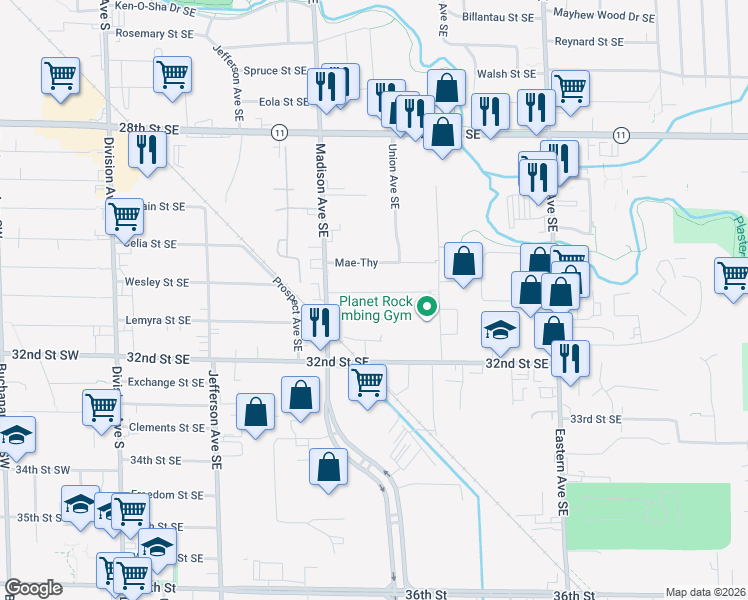 map of restaurants, bars, coffee shops, grocery stores, and more near 454 Van Allen Street Southeast in Grand Rapids