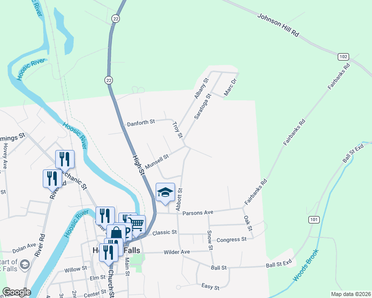 map of restaurants, bars, coffee shops, grocery stores, and more near 39 Munsell Street in Hoosick Falls