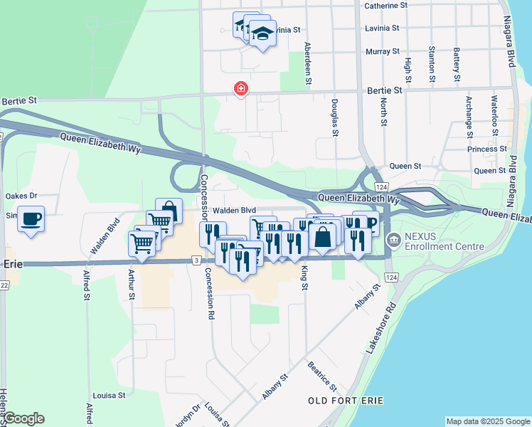 map of restaurants, bars, coffee shops, grocery stores, and more near 216 Walden Boulevard in Fort Erie