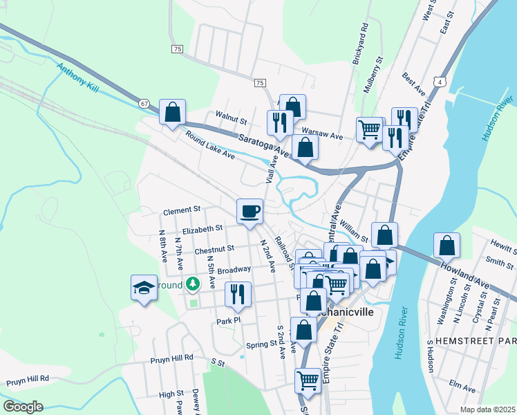 map of restaurants, bars, coffee shops, grocery stores, and more near 12 Viall Avenue in Mechanicville