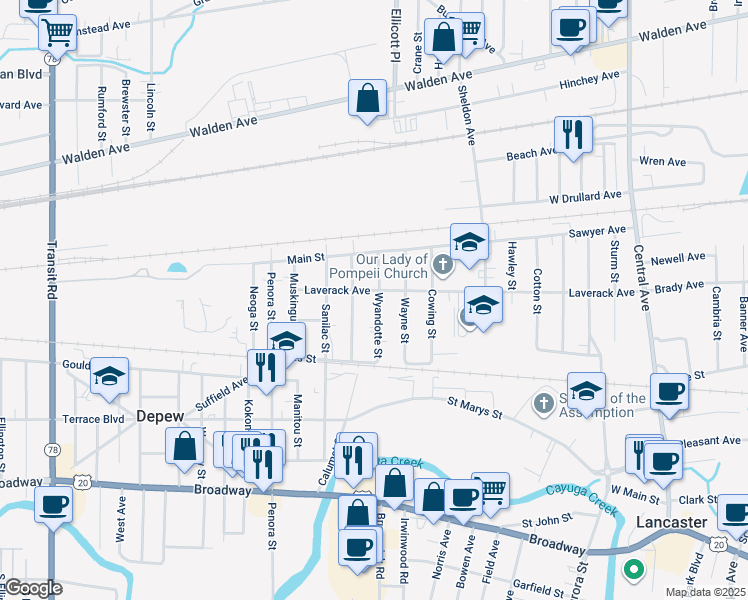map of restaurants, bars, coffee shops, grocery stores, and more near 65 Wyandotte Street in Depew