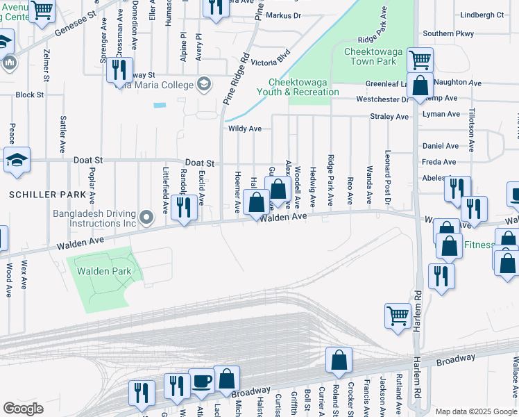 map of restaurants, bars, coffee shops, grocery stores, and more near in Cheektowaga