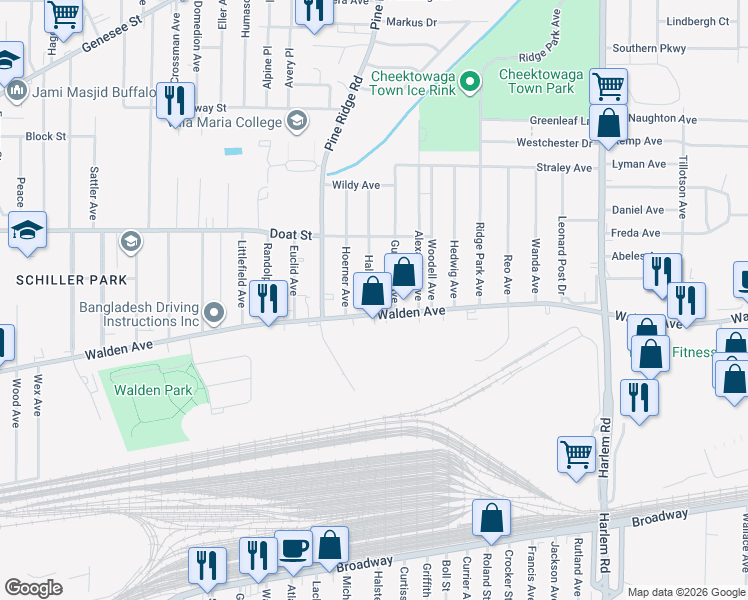 map of restaurants, bars, coffee shops, grocery stores, and more near in Cheektowaga