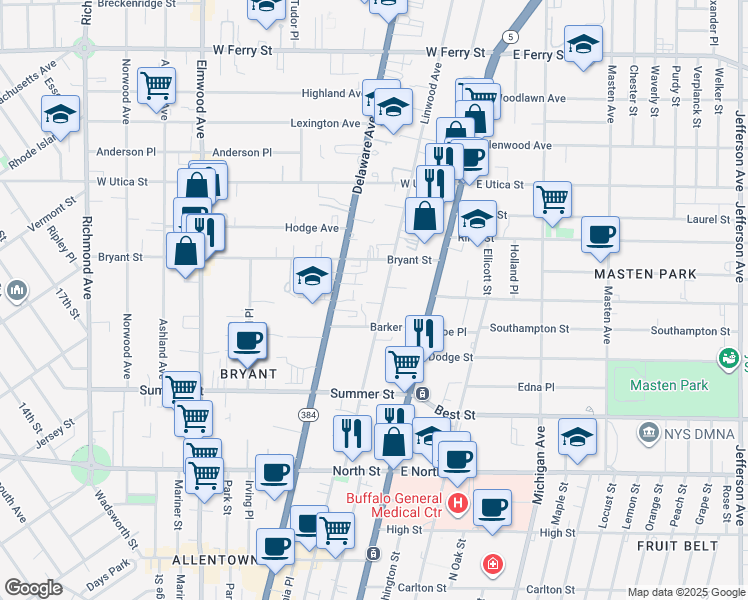 map of restaurants, bars, coffee shops, grocery stores, and more near 186 Linwood Avenue in Buffalo