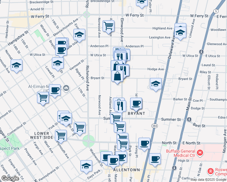 map of restaurants, bars, coffee shops, grocery stores, and more near 96 Ashland Avenue in Buffalo