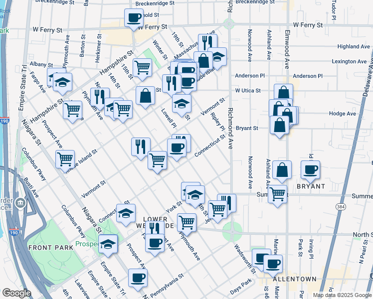 map of restaurants, bars, coffee shops, grocery stores, and more near 98 15th Street in Buffalo