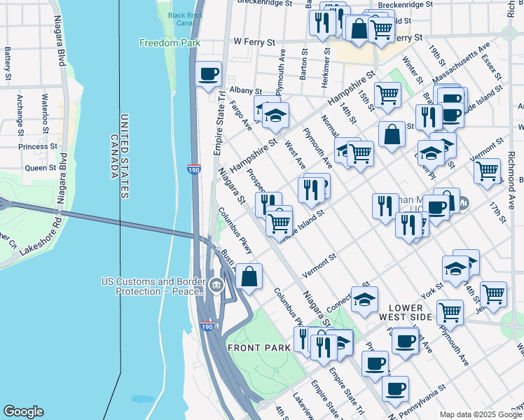 map of restaurants, bars, coffee shops, grocery stores, and more near 794 Prospect Avenue in Buffalo