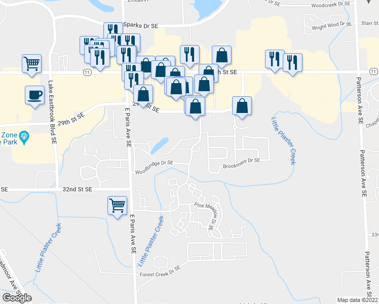 map of restaurants, bars, coffee shops, grocery stores, and more near 3160 Poplar Creek Drive Southeast in Kentwood