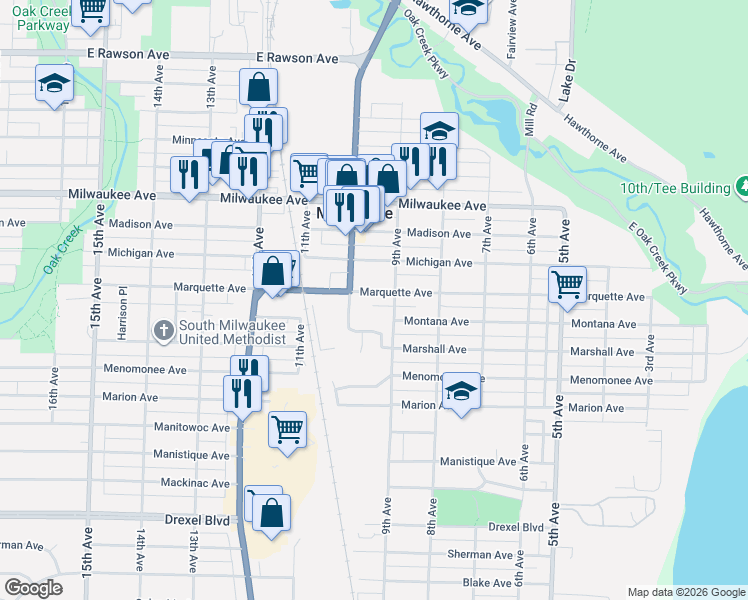 map of restaurants, bars, coffee shops, grocery stores, and more near 907 Marquette Avenue in South Milwaukee