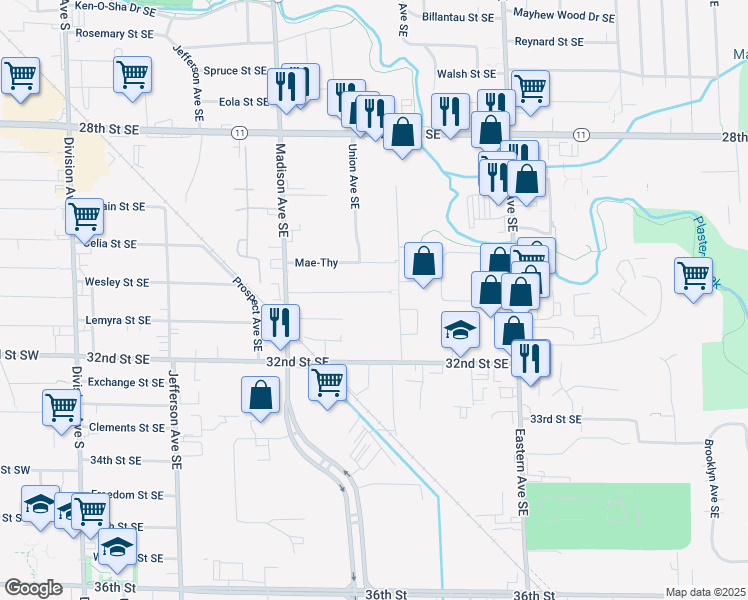 map of restaurants, bars, coffee shops, grocery stores, and more near 550 Van Allen Street Southeast in Grand Rapids